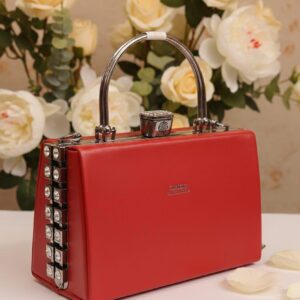 Structured Box Clutch Handbag with Crystal Trim & Metal Handle