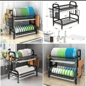 2 layer black dish rack — advanced large capacity kitchen dish drainer & organizer