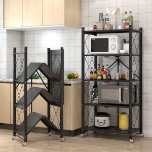 5 tier foldable kitchen storage rack with wheels — large rolling shelf organizer